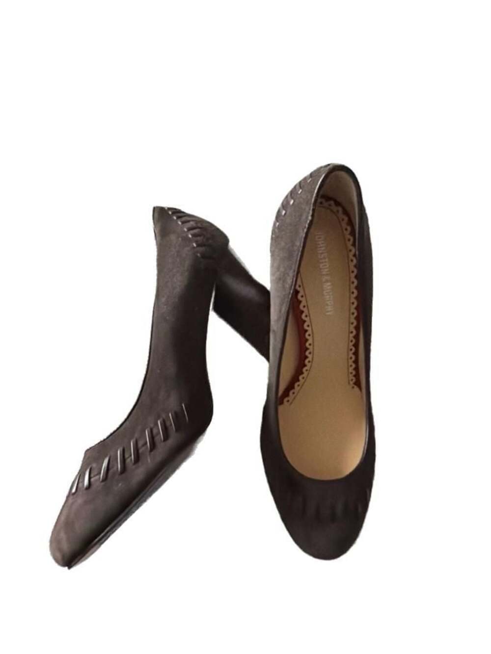 Johnston & Murphy Brown Suede Whipstitch Scalloped Block Heel Pumps
